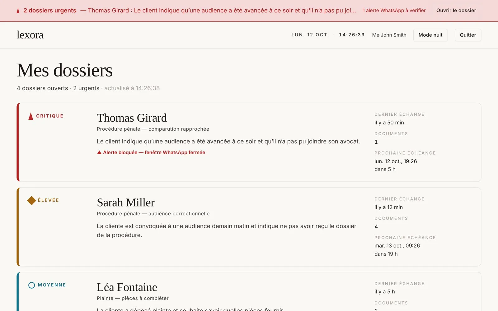 Lawyer dashboard (team build, fictional data): open cases sorted by urgency.