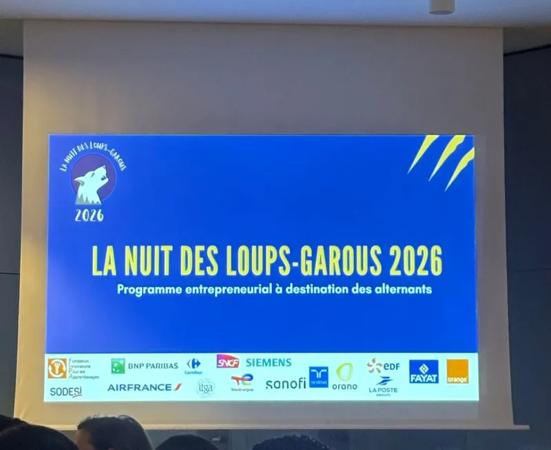 Opening slide: La Nuit des Loups-Garous 2026, entrepreneurial programme for apprentices, with partner logos