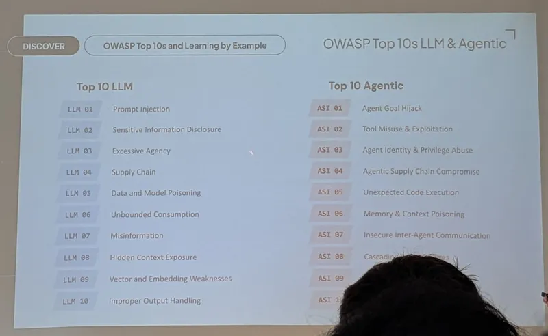 Slide: OWASP Top 10 for LLM applications next to the OWASP Top 10 for agentic applications